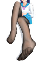 Rule 34 | 1girl, black pantyhose, blue skirt, feet, foot focus, foreshortening, highres, legs, no shoes, pantyhose, school uniform, simple background, sitting, skirt, soles, solo, thighs, toes, wcks0774, white background
