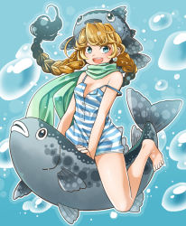 Rule 34 | 1girl, air bubble, barefoot, blonde hair, braid, breasts, bubble, cleavage, dress, earrings, fish, jewelry, kamidou arashi, long hair, open mouth, original, scarf, short dress, short hair, smile, solo, strap slip, striped clothes, striped dress, underwater, water