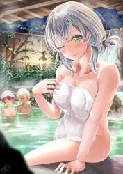 Rule 34 | 3girls, absurdres, ayakase hotaru, blonde hair, blush, breasts, cleavage, closed eyes, collarbone, covering privates, crossed bangs, dark-skinned female, dark skin, green eyes, highres, hololive, houshou marine, large breasts, long hair, looking at viewer, multiple girls, naked towel, nude cover, one eye closed, onsen, outdoors, partially submerged, pointy ears, red eyes, serious, shiranui flare, shirogane noel, short hair, sign, silver hair, sweat, towel, towel on head, virtual youtuber, water