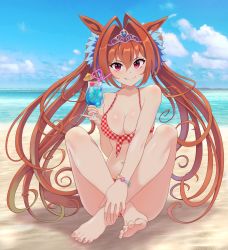 Rule 34 | 1girl, absurdres, alternate costume, animal ears, bare shoulders, barefoot, beach, bikini, blush, bracelet, breasts, brown hair, cleavage, closed mouth, crazy straw, crossed legs, cup, daiwa scarlet (umamusume), drinking straw, fang, fang out, full body, hair intakes, halterneck, heart straw, highres, holding, holding cup, horizon, horse ears, horse girl, horse tail, jewelry, knees up, long hair, medium breasts, navel, ocean, okken, outdoors, pinky out, plaid, plaid bikini, red bikini, red eyes, sand, sitting, solo, swimsuit, tail, tiara, tropical drink, twintails, umamusume