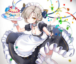 Rule 34 | 1girl, apron, azur lane, black dress, black ribbon, blurry, blurry foreground, braid, breasts, brown eyes, cake, cannon, cleavage, closed mouth, collar, commentary request, confetti, cross, depth of field, dress, food, frilled apron, frilled dress, frills, garter straps, grey hair, hair over one eye, hair ribbon, highres, holding, holding plate, kiyosato 0928, looking at viewer, maid, maid headdress, medium breasts, metal collar, plate, puffy short sleeves, puffy sleeves, ribbon, sheffield (azur lane), short sleeves, smile, solo, streamers, thighhighs, turret, waist apron, white apron, white thighhighs, wrist cuffs