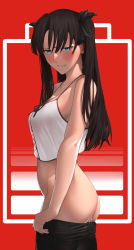Rule 34 | 1girl, ass, bare arms, bare shoulders, battery indicator, black hair, black ribbon, blue eyes, blush, breasts, camisole, closed mouth, clothes pull, collarbone, embarrassed, fate/stay night, fate (series), from side, hair ribbon, highres, long hair, looking at viewer, looking to the side, pants, pants pull, pulling own clothes, pussy juice, red background, ribbon, small breasts, solo, spaghetti strap, tamamoice, tohsaka rin, two side up, white camisole