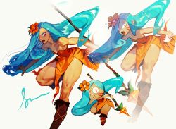 Rule 34 | 1girl, absurdres, bare shoulders, blue hair, boots, brown footwear, cookie run, dress, facial mark, fang, highres, holding, holding polearm, holding spear, holding weapon, humanization, long hair, looking at viewer, multiple views, open mouth, orange dress, orange eyes, pelvic curtain, pigeon666, polearm, signature, simple background, spear, strapless, strapless dress, tiger lily cookie, very long hair, weapon, whisker markings, white background