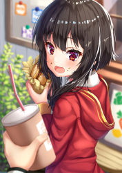 Rule 34 | 1girl, :d, black hair, blurry, blurry background, blush, burger, cheese, commentary request, cup, day, depth of field, disposable cup, drink, drinking straw, eating, eyelashes, food, food on face, hands up, holding, holding food, hood, hood down, hoodie, kono subarashii sekai ni shukufuku wo!, long sleeves, looking at viewer, looking back, megumin, open mouth, outdoors, pensuke, plant, pov, pov hands, red eyes, red shirt, shirt, short hair with long locks, sidelocks, sign, smile, solo focus, sticky note, window, wrapper