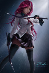 Rule 34 | 1girl, alternate costume, artist name, black thighhighs, breasts, dress shirt, dual wielding, green eyes, highres, holding, holding weapon, katarina (league of legends), league of legends, long hair, long sleeves, looking to the side, medium breasts, navel, necktie, pleated skirt, red hair, red neckwear, scar, school, school uniform, shirt, signature, skirt, smile, standing, sword, thighhighs, uniform, very long hair, weapon, wet, z-duke, zettai ryouiki