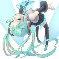 Rule 34 | 1girl, aqua eyes, aqua hair, arched back, black thighhighs, detached sleeves, full body, hatsune miku, jaco, necktie, skirt, solo, thighhighs, twintails, vocaloid, zettai ryouiki
