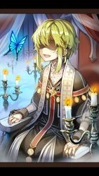 Rule 34 | 1boy, bad source, blue butterfly, braid, bug, butterfly, candelabra, candle, candlelight, candlestand, church, cocorip, cross, cross earrings, earrings, eye mask, green hair, highres, insect, jewelry, letterboxed, male focus, nail polish, nefisu (saibai shounen), official art, ring, saibai shounen, second-party source, short hair, sitting, smile, solo