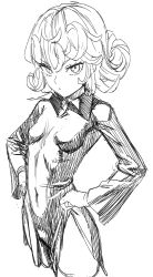 Rule 34 | 1girl, black dress, breasts, closed mouth, curly hair, dress, greyscale, highres, kawakami rokkaku, looking at viewer, monochrome, one-punch man, short hair, simple background, sketch, small breasts, solo, tatsumaki, white background