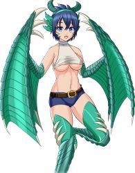 Rule 34 | 1girl, absurdres, blue eyes, blue hair, breasts, dragon, dragon girl, fang, female focus, highres, navel, shorts, solo, transparent background, wyvern