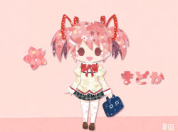 Rule 34 | 1girl, abstract, argyle, arms at sides, bag, beige background, black skirt, blouse, blush stickers, brown footwear, character name, chibi, eyelashes, flat chest, full body, hair ribbon, happy, heart, heart print, high collar, holding, holding bag, juliet sleeves, kaname madoka, kikuchi milo, legs together, loafers, long sleeves, looking at viewer, mahou shoujo madoka magica, mahou shoujo madoka magica (anime), mitakihara school uniform, neck ribbon, no nose, open mouth, pink background, pink hair, plaid, plaid skirt, pleated skirt, puffy sleeves, red ribbon, ribbon, school bag, school uniform, shadow, shirt, shoes, short twintails, shoulder bag, sidelocks, simple background, skirt, smile, solid oval eyes, solo, sparkle, sparkle print, standing, star (symbol), star print, starry background, stitches, striped, thighhighs, triangle print, twintails, two-tone background, white thighhighs, zettai ryouiki