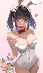 Rule 34 | absurdres, akihiro0920, animal ears, arm at side, blunt bangs, blush, bow, bowtie, breasts, carrot, cleavage, collarbone, commentary request, covered navel, detached sleeves, fake animal ears, food in mouth, hair ornament, heart, highres, jewelry, large breasts, leotard, looking at viewer, medium breasts, medium hair, original, pink background, playboy bunny, purple eyes, rabbit, rabbit ears, rabbit hair ornament, rabbit tail, red bow, red bowtie, ring, sidelocks, simple background, standing, tail, twintails, v, white leotard, white wrist cuffs, wrist cuffs