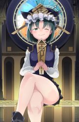 Rule 34 | 1girl, ;), bad id, bad pixiv id, bare legs, black skirt, blue vest, clock, crossed legs, green eyes, green hair, hat, highres, kurutsuki, legs, long sleeves, looking at viewer, miniskirt, naughty face, one eye closed, parted bangs, puffy long sleeves, puffy sleeves, rod of remorse, romaji text, roman numeral, shiki eiki, short hair, sitting, skirt, smile, solo, touhou, vest
