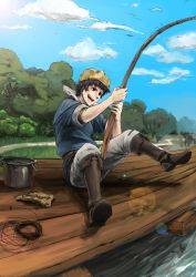 Rule 34 | 1boy, absurdres, black hair, day, donnel (fire emblem), fire emblem, fire emblem awakening, fishing, fishing line, fishing rod, highres, male focus, nintendo, outdoors, pot, pot on head, smile, solo