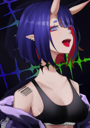 Rule 34 | 1girl, :d, absurdres, bare shoulders, black bra, blush, bra, breasts, cleavage, earrings, eyeliner, fate/grand order, fate (series), highres, hikimayu, horns, jacket, jewelry, looking at viewer, makeup, off shoulder, oni, open mouth, piercing, pointy ears, purple eyes, purple hair, red hair, san (harutuki 3), sharp teeth, short hair, shuten douji (fate), skin-covered horns, smile, solo, sports bra, teeth, tongue, tongue piercing, two side up, underwear