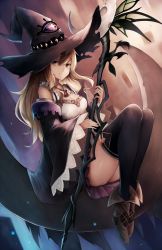 Rule 34 | 1girl, ass, bad id, bad pixiv id, black thighhighs, breasts, brown eyes, brown hair, cleavage, commentary request, detached sleeves, dorothy (shingeki no bahamut), hat, highres, holding, jewelry, long hair, looking at viewer, necklace, pleated skirt, shadowverse, shingeki no bahamut, sitting, skirt, smile, snm (sunimi), solo, staff, thighhighs, witch hat, zettai ryouiki
