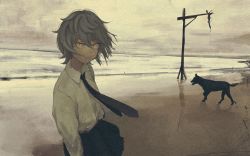Rule 34 | 1girl, beach, black necktie, black pants, closed mouth, collared shirt, commentary, cowboy shot, daruma karei, dog, flat chest, hair between eyes, hand in pocket, highres, light brown hair, looking at viewer, messy hair, necktie, original, pants, scenery, sepia, shirt, solo, standing, tomboy, white shirt, yellow eyes