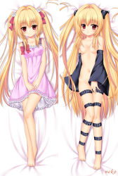 Rule 34 | 1girl, :o, bare legs, bare shoulders, barefoot, blonde hair, blush, bow, breasts, casual, censored, collarbone, convenient censoring, dakemakura-koubou, dakimakura (medium), detached sleeves, dress, feet, hair intakes, hair ornament, hair ribbon, knees together feet apart, konjiki no yami, legs, long hair, looking at viewer, lying, multiple views, navel, neko (dakemakura), nipples, nude, on back, open \m/, parted lips, red eyes, ribbon, small breasts, thigh strap, to love-ru, toes, twintails, two side up, undressing, very long hair
