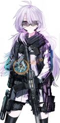 Rule 34 | 1girl, ahoge, assault rifle, black thighhighs, flashlight, glock, goggles, gun, handgun, heads-up display, highres, holding, holding gun, holding weapon, holographic interface, holographic weapon sight, holster, holstered, load bearing equipment, long hair, looking at viewer, magazine (weapon), military, nurim, original, pistol, purple eyes, purple hair, reflector sight, rifle, sight (weapon), tactical light, thigh holster, thighhighs, trigger discipline, weapon, weapon request, white background