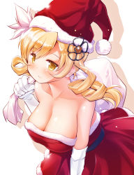 Rule 34 | 1girl, bare shoulders, blonde hair, blush, breasts, chauke, christmas, cleavage, closed mouth, collarbone, commentary request, drill hair, elbow gloves, gloves, hair ornament, hat, highres, large breasts, looking at viewer, mahou shoujo madoka magica, mahou shoujo madoka magica (anime), red hat, santa costume, santa hat, short hair, smile, solo, tomoe mami, twin drills, white gloves, yellow eyes