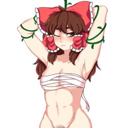 Rule 34 | 1girl, bdsm, bondage, bound, bow, breasts, brown eyes, brown hair, chest sarashi, frilled bow, frills, hair bow, hair tubes, hakurei reimu, hanaarts, medium hair, midriff, navel, one eye closed, plant, pubic hair, pubic hair peek, red bow, sarashi, simple background, small breasts, standing, stomach, sweat, thick eyebrows, touhou, white background