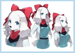 Rule 34 | 1girl, :&lt;, animal ears, animal nose, bad id, bad pixiv id, bandana, belt, blue border, blue eyes, blue pants, blue shirt, blush, body fur, border, bow, breasts, closed mouth, cowboy shot, cropped torso, dog ears, dog girl, dog tail, expressionless, expressions, fay spaniel, female focus, furry, furry female, hair bow, happy, high collar, jacket, light blush, looking at viewer, looking to the side, medium breasts, multiple views, namagaki yukina, nintendo, open clothes, open jacket, pants, red bow, shirt, simple background, smile, snout, standing, star fox, star fox 2, tail, upper body, white background, white fur, white jacket
