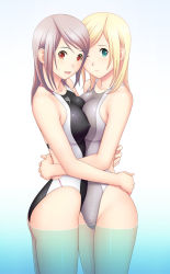 Rule 34 | 2girls, aqua eyes, ass, bare arms, bare shoulders, blonde hair, blush, breast press, breasts, competition swimsuit, covered erect nipples, cowboy shot, embarrassed, from side, frown, highleg, highleg swimsuit, highres, hug, kuri (kurigohan), large breasts, long hair, looking at viewer, looking back, multiple girls, one-piece swimsuit, one eye closed, original, own hands clasped, own hands together, red eyes, silver hair, smile, speedo (company), submerged, swimsuit, symmetrical docking, wading, water, wink, yuri
