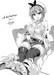 Rule 34 | 1boy, 1girl, absurdres, asanagi, atelier (series), atelier ryza, atelier ryza 1, bar censor, belt, belt buckle, black bow, bow, breasts, bright pupils, buckle, censored, dated, feet, foot on another&#039;s face, greyscale, hair ornament, hairclip, hat, hetero, highres, holding, jewelry, monochrome, navel, necklace, parted lips, penis, reisalin stout, sex, short hair, short shorts, shorts, simple background, sitting, sitting on person, smile, star (symbol), star necklace, thigh sex, thighs, toe ring, toes, white background