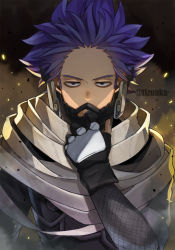 Rule 34 | 1boy, bags under eyes, boku no hero academia, collar tug, costume, fingerless gloves, fishnet sleeves, fishnets, forehead, frown, gloves, hand on own face, hand up, highres, jumpsuit, looking at viewer, male focus, mask, messy hair, mouth mask, narrowed eyes, purple eyes, purple hair, scarf, shinsou hitoshi, short hair, sideburns, sleeves rolled up, solo, spiked hair, straight-on, strap, tonbanlove, twitter username, upper body