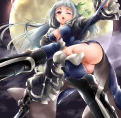 Rule 34 | 1girl, armor, ass, bad id, bad pixiv id, boots, bravely default: flying fairy, bravely default (series), bravely second: end layer, breasts, dress, female focus, flower, frills, from below, hair flower, hair ornament, lipstick, long hair, looking at viewer, looking down, magnolia arch, makeup, midair, moon, n (no bu), naughty face, no bra, no panties, one eye closed, parted lips, polearm, red eyes, silver hair, solo, thighs, weapon, wink