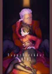 Rule 34 | 1boy, 1girl, archer (fate), black thighhighs, blue eyes, brown hair, dark-skinned male, dark skin, fate/stay night, fate (series), furon (froon), hair ribbon, happy birthday, long hair, ribbon, thighhighs, tohsaka rin, two side up, white hair