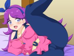 Rule 34 | 1girl, bare shoulders, bed, belt, blue eyes, blue pantyhose, breasts, cameltoe, crotch seam, headband, highres, jewelry, kiratto pri chan, long hair, lying, necklace, no panties, no pants, open mouth, pantyhose, plar0846, pretty series, purple hair, pussy, shido mel, skirt, solo, thighs