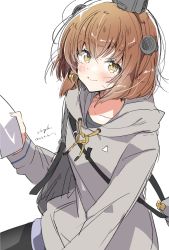 Rule 34 | 1girl, alternate costume, bag, black pantyhose, brown eyes, brown hair, commentary request, cowboy shot, grey sweater, headgear, headset, highres, hood, hooded sweater, hoodie, kantai collection, looking at viewer, pantyhose, paper, short hair, shorts, simple background, smile, solo, speaking tube headset, sweater, takeshima eku, white background, yukikaze (kancolle)