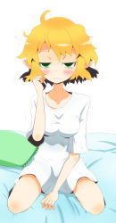 Rule 34 | 1girl, 221 (tsutsuichi), blonde hair, blush, breasts, closed mouth, commentary request, full body, green eyes, half-closed eyes, looking at viewer, medium breasts, mizuhashi parsee, on bed, pillow, pointy ears, shirt, short hair, sitting, sleepy, solo, squeans, touhou, waking up, wavy mouth, white background, white shirt