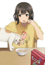 Rule 34 | 1girl, bird, black hair, blush, bowl, brand name imitation, brown eyes, cat, cereal, cereal box, chair, commentary, eating, english text, mattaku mousuke, milk, open mouth, original, parakeet, shirt, short hair, short sleeves, simple background, solo, spoon, sweatdrop, t-shirt, table, twitter username, upper body, white background, yellow shirt