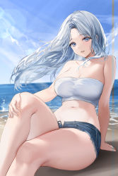 Rule 34 | 1girl, absurdres, arm support, bandeau, bare arms, bare shoulders, beach, blue eyes, blue shorts, breasts, cleavage, cloud, cutoffs, day, denim, denim shorts, floating hair, hand on own knee, highres, knee up, korean commentary, large breasts, lillly, long hair, looking at viewer, micro shorts, midriff, navel, open fly, original, outdoors, parted bangs, parted lips, sand, shirt, short shorts, shorts, sitting, sky, smile, solo, stomach, strapless, thighs, tube top, water, white hair, white shirt