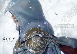 Rule 34 | 1boy, armor, assassin&#039;s creed, assassin&#039;s creed: revelations, assassin&#039;s creed (series), bad id, bad pixiv id, beard, bird, cape, cover, eagle, english text, ezio auditore da firenze, facial hair, hinoe (dd works), hood, male focus, manly, mustache, old, pauldrons, portrait, shoulder armor, snow, solo