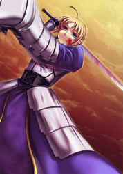 Rule 34 | 00s, 1girl, armor, armored dress, artoria pendragon (all), artoria pendragon (fate), bad id, bad pixiv id, battle, blood, blood on face, dress, fate/stay night, fate (series), fighting, gauntlets, maccha, perspective, saber (fate), solo, sword, weapon, wokamemaccha