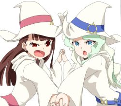 Rule 34 | &gt;:o, 10s, 2girls, :o, blue eyes, blunt bangs, brown hair, diana cavendish, frown, hat, holding hands, kagari atsuko, little witch academia, long hair, long sleeves, looking at viewer, multiple girls, open mouth, red eyes, simple background, spoilers, v-shaped eyebrows, white background, white hair, white hat, wide sleeves, witch, witch hat, yoshida keiji