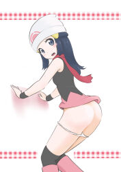 Rule 34 | 1girl, ass, black shirt, black thighhighs, blue eyes, blue hair, blush stickers, boots, clothes lift, cowboy shot, creatures (company), dawn (pokemon), from behind, game freak, hat, highres, long hair, matching hair/eyes, microsd (pibo), nintendo, open mouth, panties, panty pull, pink footwear, pink skirt, pokemon, pokemon dppt, scarf, shirt, simple background, skirt, skirt lift, sleeveless, solo, standing, thighhighs, underwear, white background, white hat, white panties, wristband