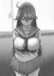 Rule 34 | 10s, 1girl, absurdres, anego (natsume), breasts, female focus, greyscale, highres, impossible clothes, impossible shirt, indoors, kantai collection, large breasts, long hair, monochrome, pleated skirt, school uniform, shirt, skirt, solo, uniform, ushio (kancolle)