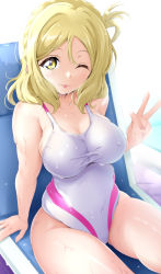 Rule 34 | 1girl, blonde hair, blush, braid, breasts, casual one-piece swimsuit, cleavage, covered navel, crown braid, green eyes, kirisaki reina, large breasts, looking at viewer, love live!, love live! sunshine!!, medium hair, ohara mari, one-piece swimsuit, shiny skin, sitting, smile, solo, swimsuit, tongue, tongue out, wet, white one-piece swimsuit, yellow eyes