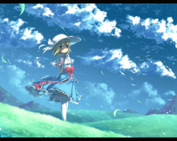 Rule 34 | 1girl, alice margatroid, ayakashi (monkeypanch), blonde hair, blue eyes, cloud, day, grass, hat, highres, letterboxed, short hair, skirt, sky, smile, solo, thighhighs, touhou, wind