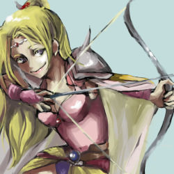 Rule 34 | 1990s (style), armor, arrow (projectile), belt, blonde hair, bow (weapon), breasts, cape, cleavage, dress, final fantasy, final fantasy iv, gauntlets, gem, long hair, lowres, pink dress, rosa farrell, weapon