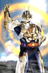Rule 34 | 1boy, abs, arm guards, armor, black bodysuit, blue sky, bodysuit, bug, commentary, english commentary, gold armor, highres, kamen rider, kamen rider gazer, kamen rider geats (series), looking at viewer, male focus, manly, perspective, reiei 8, signature, sky, sunlight, tokusatsu, vambraces, vision driver, white bodysuit