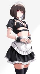 Rule 34 | 1girl, absurdres, black thighhighs, bob cut, breasts, brown hair, cleavage, fingernails, grey background, highres, looking at viewer, maid, maid headdress, nail polish, original, pink nails, red eyes, short hair, simple background, small breasts, solo, spider apple, thighhighs