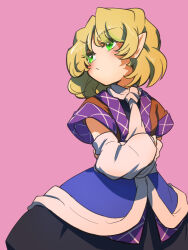 Rule 34 | 1girl, :/, arm warmers, black shirt, black skirt, blonde hair, blush, breasts, brown shirt, closed mouth, commentary, cowboy shot, crossed arms, green eyes, hiseki (tknkkm), looking afar, mizuhashi parsee, pink background, pointy ears, scarf, shirt, short hair, short sleeves, simple background, skirt, small breasts, solo, touhou, undershirt, white scarf