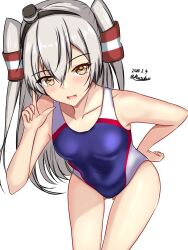 Rule 34 | 1girl, amatsukaze (kancolle), breasts, brown eyes, collarbone, competition swimsuit, covered navel, cowboy shot, dated, gluteal fold, grey hair, hair tubes, hairband, hat, highres, kantai collection, long hair, looking at viewer, mini hat, montemasa, one-hour drawing challenge, one-piece swimsuit, open mouth, purple one-piece swimsuit, small breasts, smile, smokestack hair ornament, solo, swimsuit, twitter username, two-tone swimsuit, two side up, white background, white one-piece swimsuit