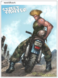 Rule 34 | 1boy, blonde hair, boots, capcom, dog tags, earrings, flattop, from behind, full body, guile, helmet, jewelry, looking back, male focus, managa, motor vehicle, motorcycle, nature, outdoors, sky, solo, street fighter, tattoo, united states, vehicle