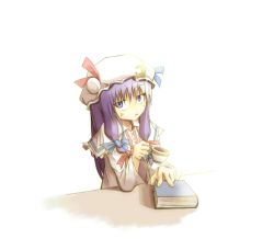 Rule 34 | 1girl, bloom, blue bow, book, bow, crescent, crescent pin, cup, female focus, hair bow, hair ribbon, hat, long hair, looking at viewer, mob cap, moon, open mouth, patchouli knowledge, purple eyes, purple hair, red bow, ribbon, simple background, solo, sorano eika, teacup, touhou, white background