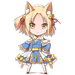 Rule 34 | 1girl, animal ear fluff, animal ears, arch bishop (ragnarok online), bell, blonde hair, blue dress, bow, breasts, chibi, cleavage cutout, closed mouth, clothing cutout, commentary request, cross, dress, dress bow, expressionless, fox ears, frilled dress, frilled sleeves, frills, full body, gold trim, hair bell, hair ornament, hair ribbon, hand on own hip, high ponytail, jingle bell, looking at viewer, natsuya (kuttuki), official alternate costume, ragnarok online, red ribbon, ribbon, sash, short hair, simple background, small breasts, solo, standing, thighhighs, two-tone dress, white background, white dress, white thighhighs, yellow bow, yellow eyes, yellow sash